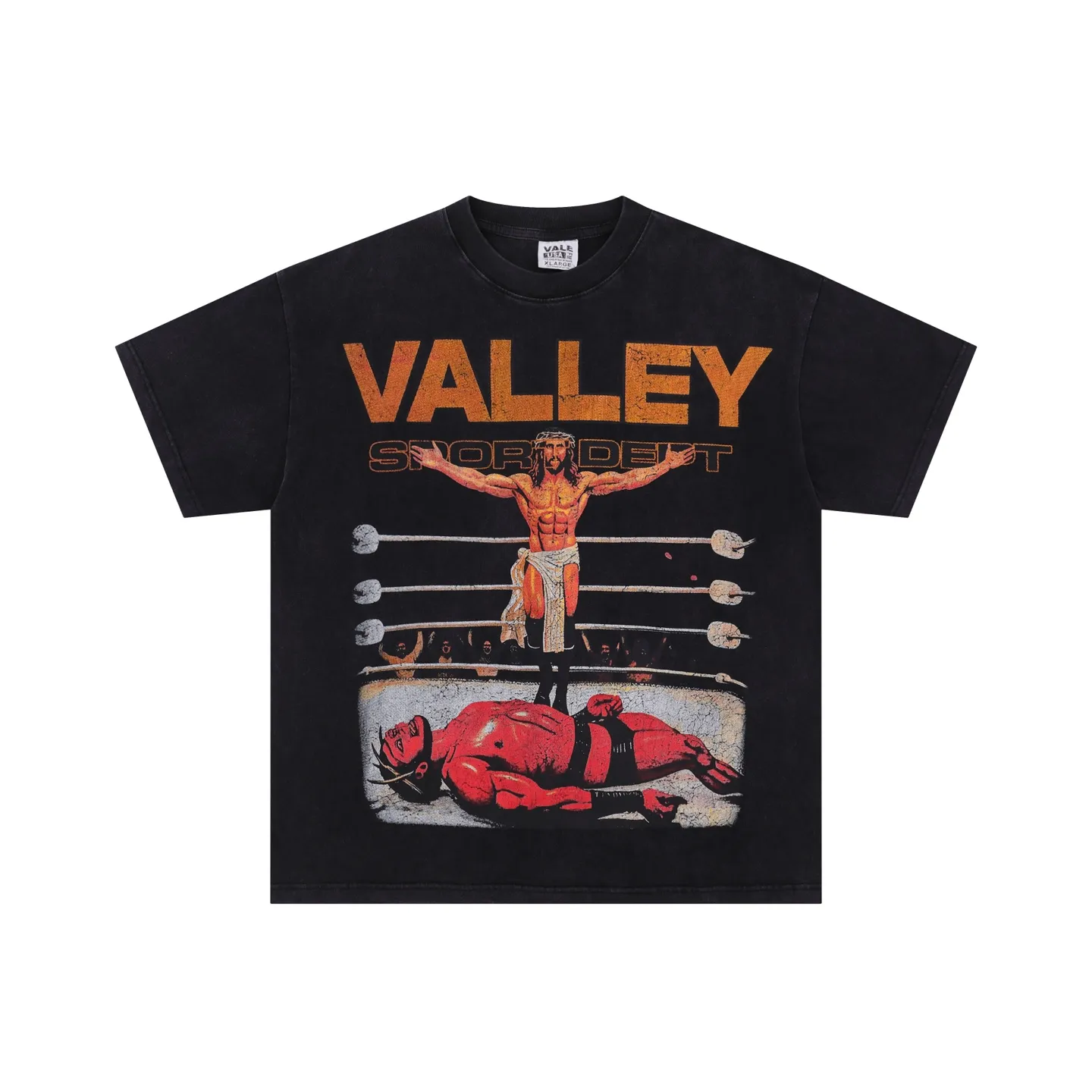 V507# P116 Vale Forever Valley Sport Dept Tee Washed and Distressed High-Quality T-Shirt Short Sleeve Vale is currently the most popular young street fashion brand in the United States. It is famous for its innovative interpretation of traditional American style and streetwear, creating a unique texture through the use of heavy printing, zippers and distressed patches.  color: Black (washed black) size: S M L XL